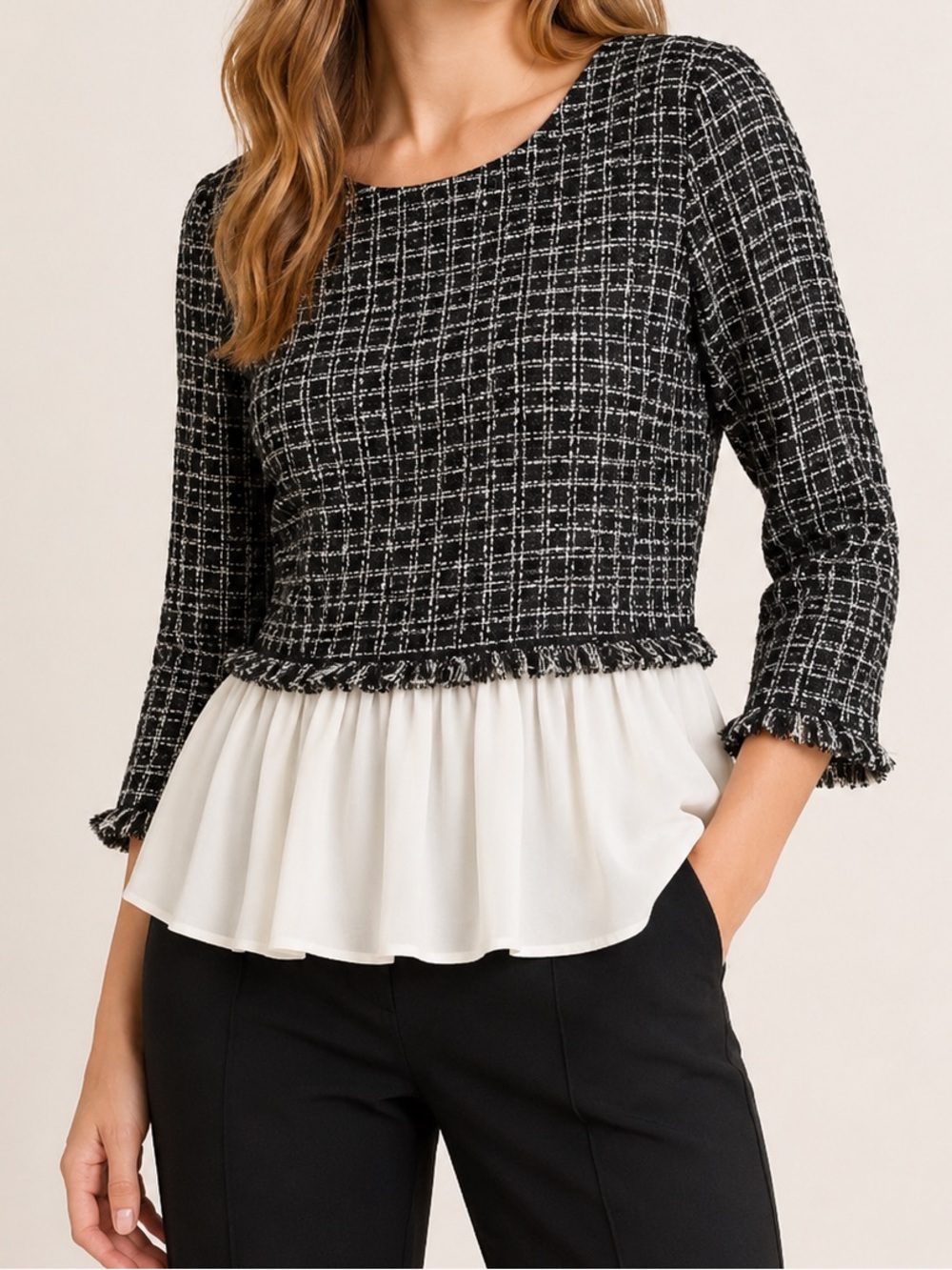 Anthropologie Maeve Black White Tweed Peplum Blouse XS